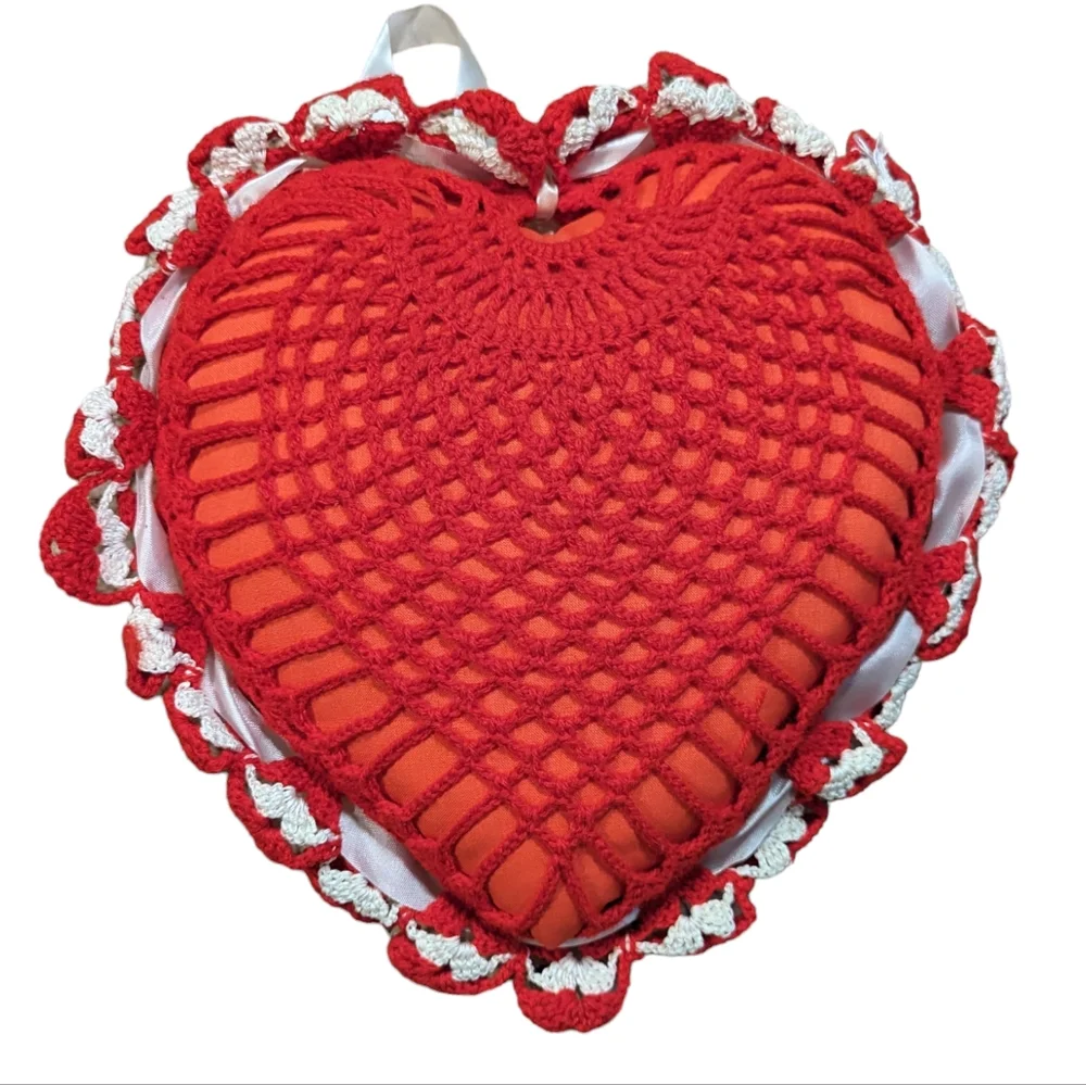Vintage 1” Heart Pillow Crocheted  Satin‎ Ribbon Handmade Valentine Cottage Core